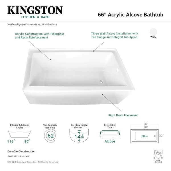 Kingston Brass Aqua Eden 66" Three Wall Alcove Acrylic Soaking Tub